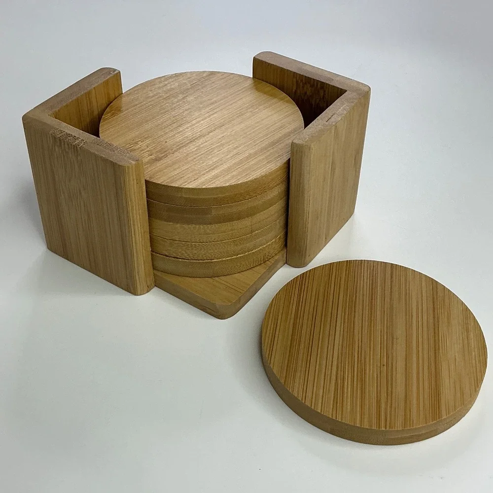 Natural Bamboo Round Coaster Set Unisex OS 6-Piece with Holder
